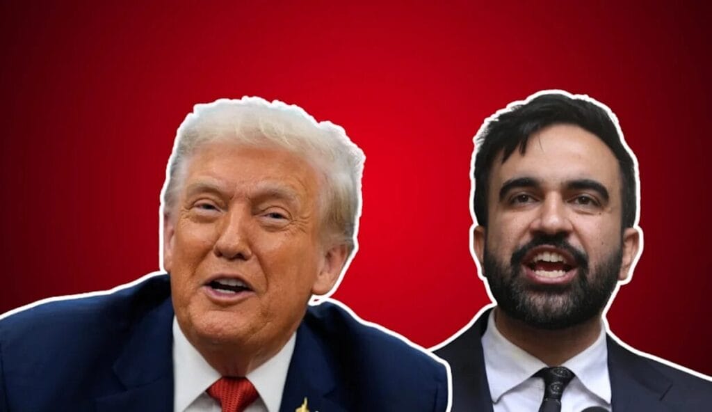 Trump Calls Jewish Voters “Stupid” for Supporting Zohran Mamdani, Escalating Political Feud 2 Two men in suits are shown side by side in front of a solid red background. The man on the left has light hair, and the man on the right has dark hair and a beard. Both are speaking.