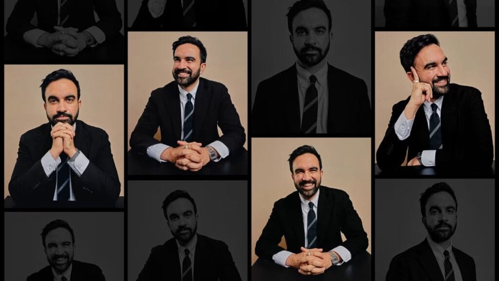 Zohran Mamdani’s Election as New York City Mayor Marks Unprecedented Shift 2 A collage of a man with dark hair and a beard, wearing a black suit and tie, posing with various facial expressions against a beige background.