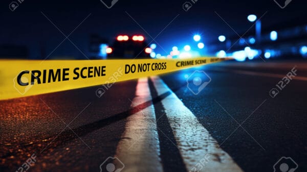 TikToker Arrested After Allegedly Killing Man During Livestream 217587679 crime scene tape across a dark street at night