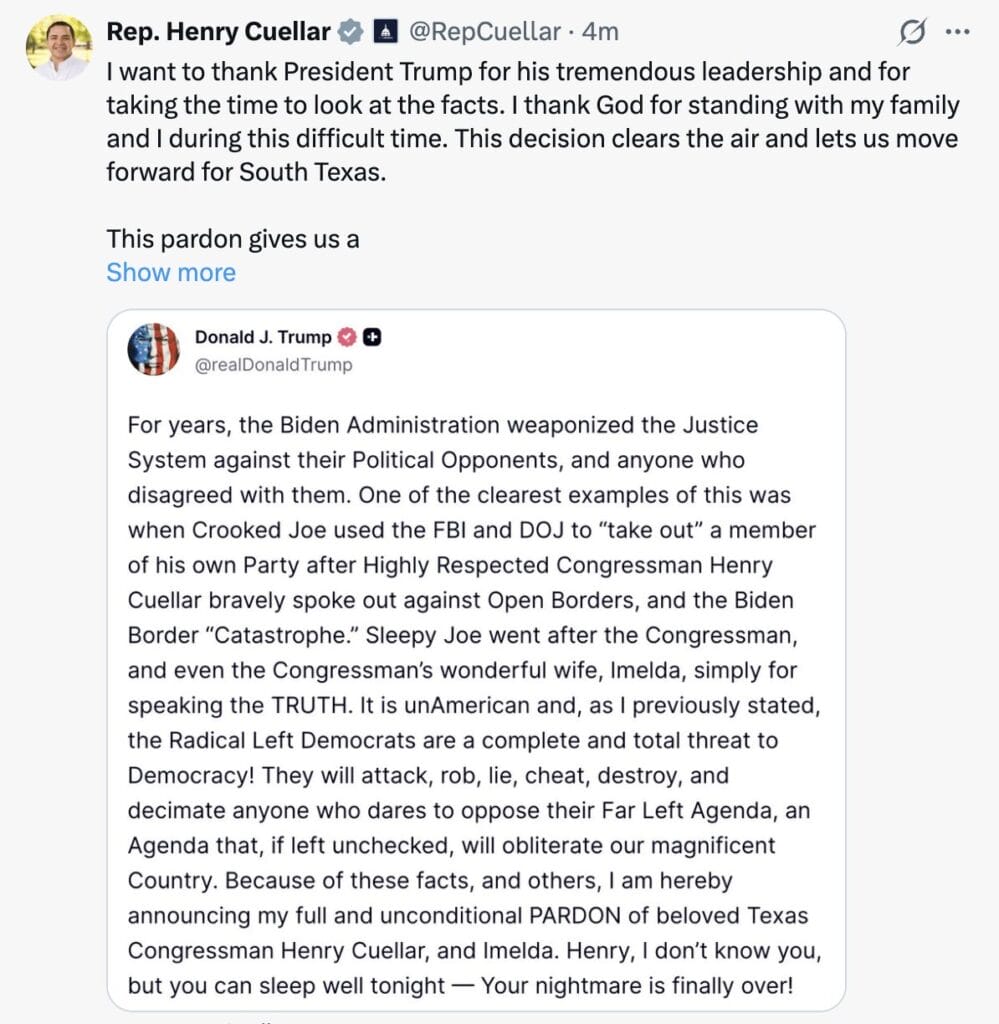 Trump just pardoned Henry Cuellar, who was convicted after accepting nearly $600K in bribes from foreign entities image 15